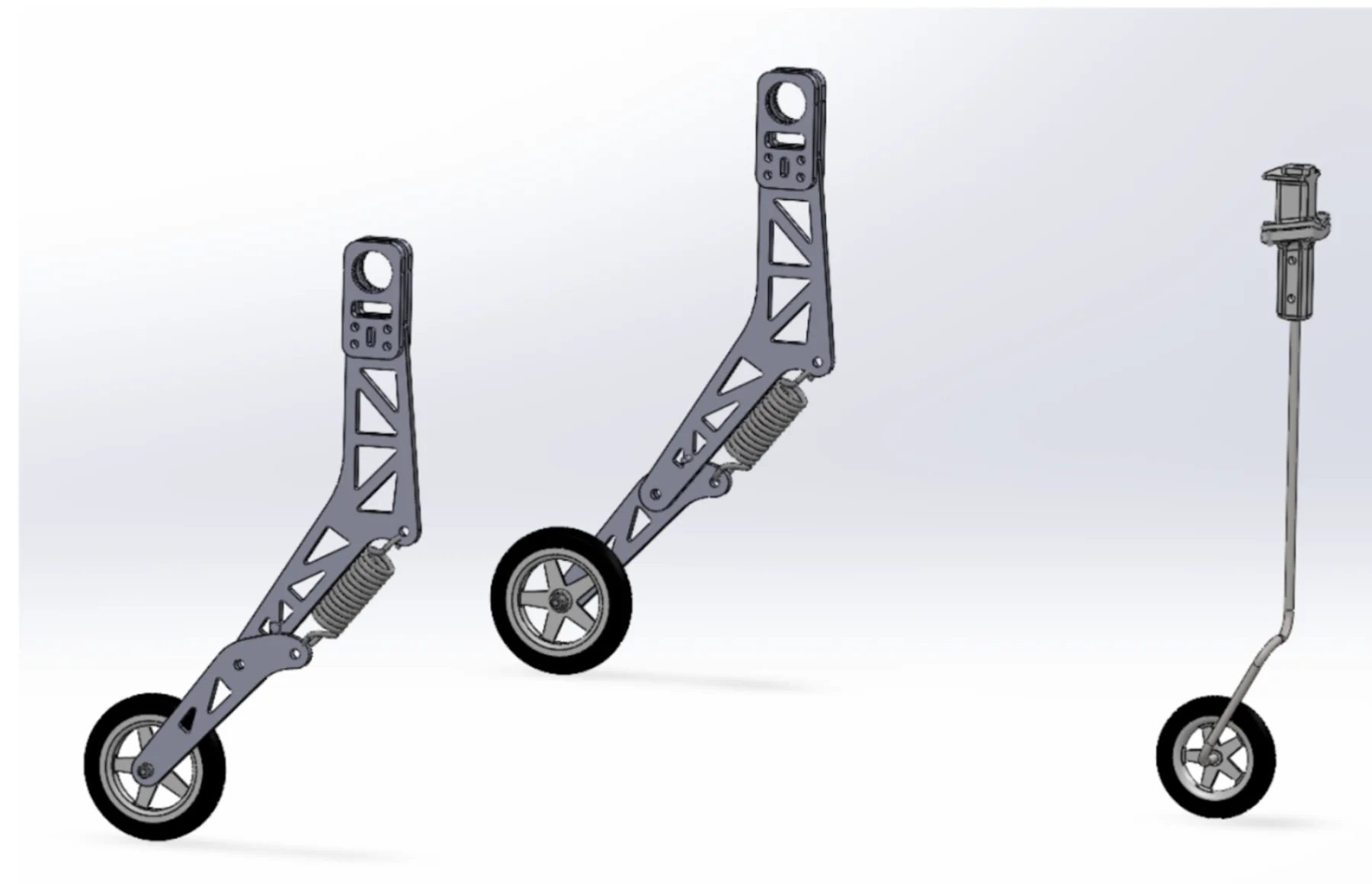 CAD render of two trussed main-gear struts with springs and wheels, and a wire nose-gear strut.