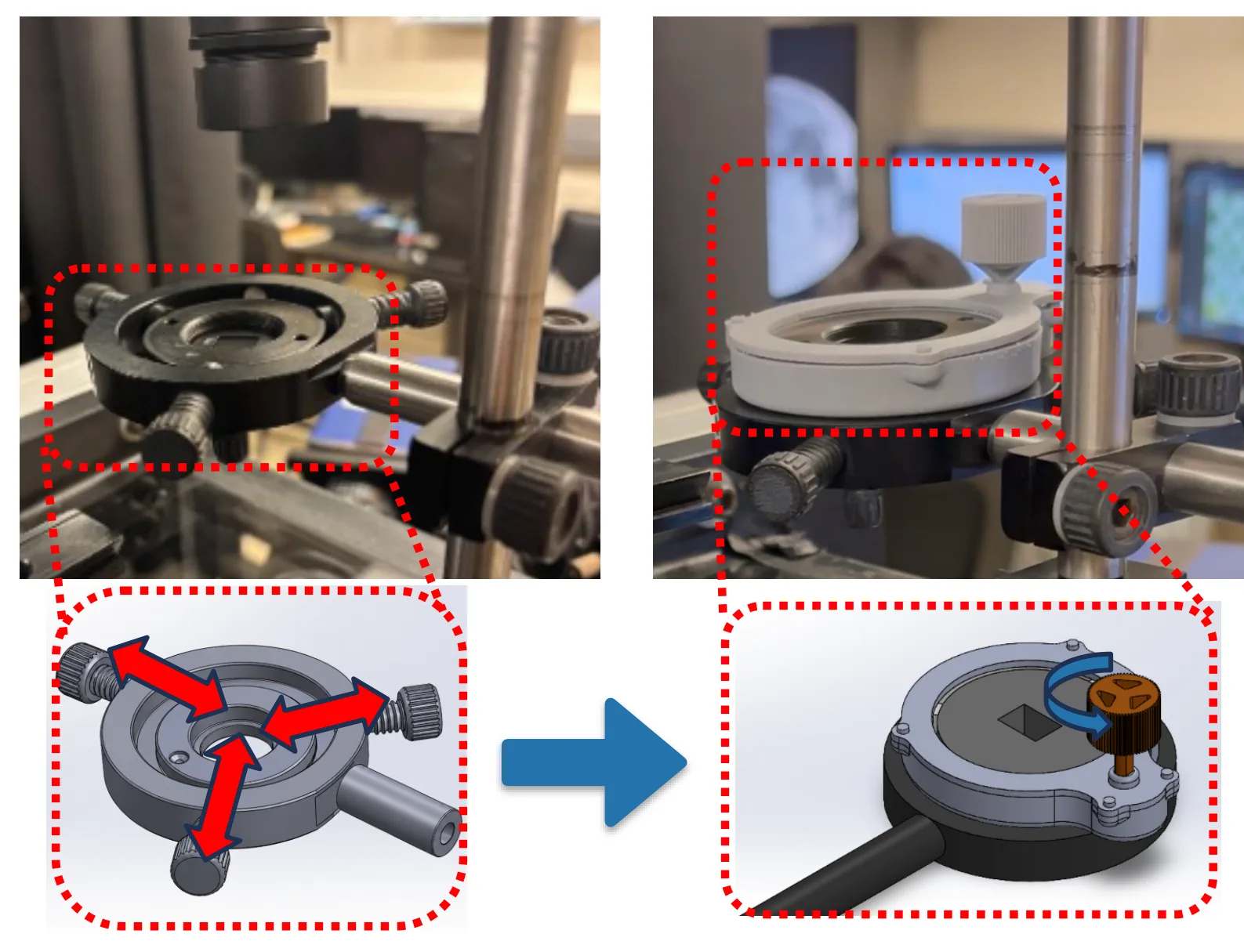 Photos and CAD renders of the old three-screw laser optic mount and the new single-knob geared holder.