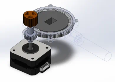 CAD render of a ring holder with a large gear driven by a small gear on a stepper motor.
