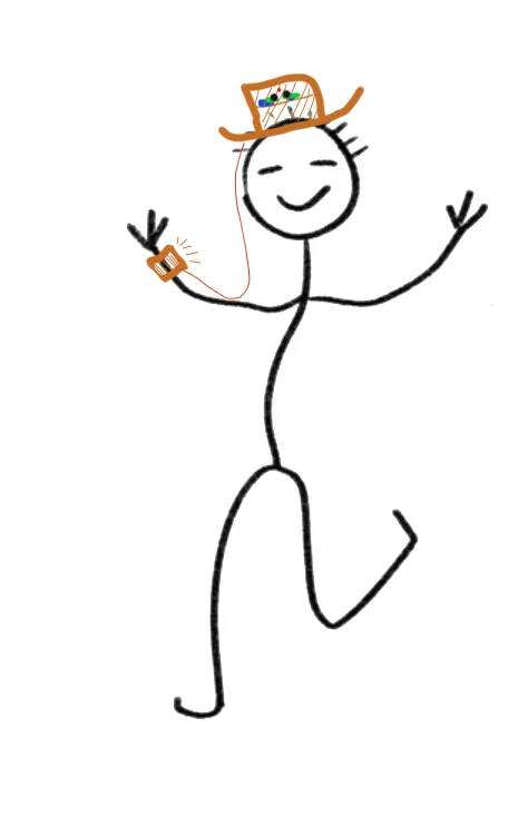 Hand-drawn stick figure wearing an electronic top hat connected to a wrist device.