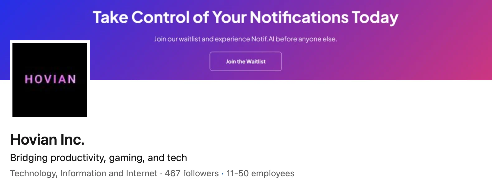 LinkedIn company header for Hovian Inc. with a purple banner reading Take Control of Your Notifications Today.