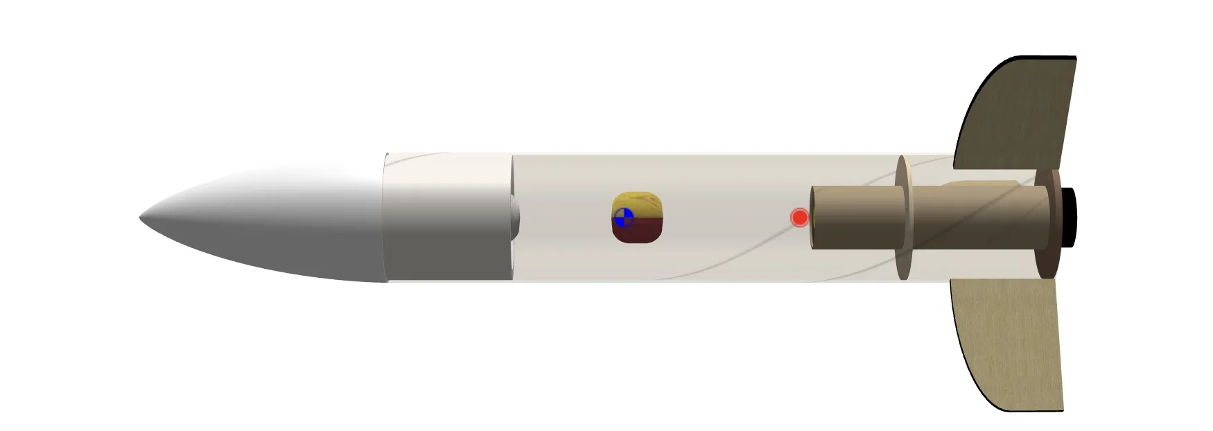 Rendered model rocket with a white nose cone, transparent body tube and swept fins.